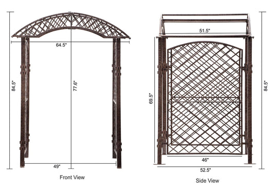 Dimensions diagram of H Potter metal garden arbor with width, depth, and height labeled