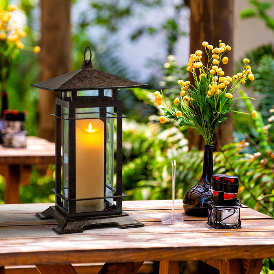 H Potter cast iron candle lantern on patio table — for backyard dinners, decks, balconies, and garden gatherings in the USA