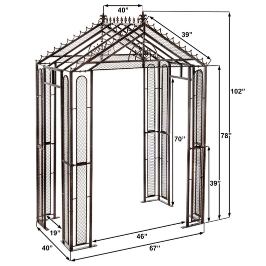Dimensional diagram of H Potter GAR141 garden arbor showing 67″ width, 40″ depth & 102″ tall Heavy-Duty for Climbing Plants