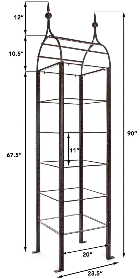 dimension diagram of tall metal garden obelisk trellis with height and width measurements
