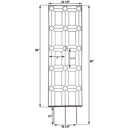Dimensions diagram for H Potter GAR258 trellis, 24″ W × 69″ H panel plus 13″ ground spikes