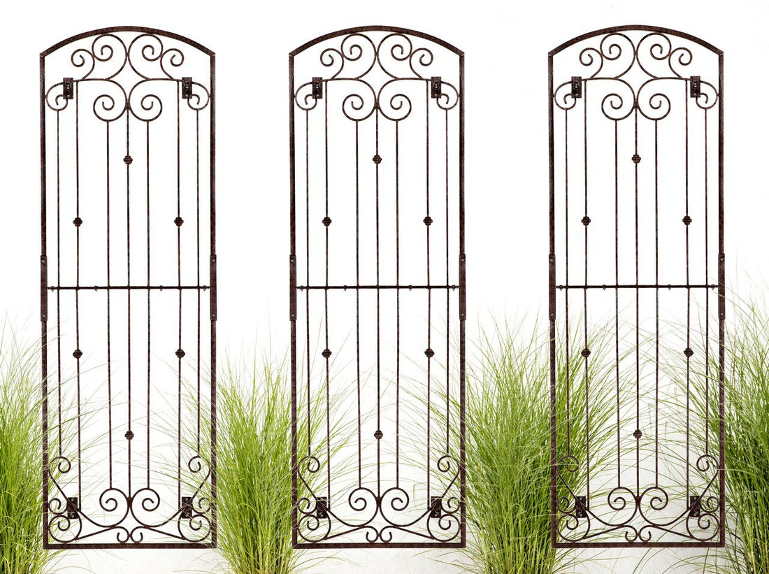 Set of 3 metal garden trellises used as wall art.  Handcrafted 8 foot tall with charcoal brown powder coat finish by H Potter