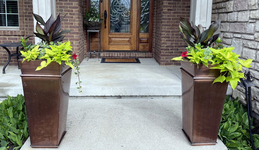 H Potter brand metal garden planter plant container at front door entryway outdoors