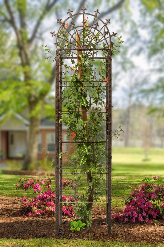 H Potter brand metal garden arch obelisk trellis with grid pattern outdoor landscape architectural structure