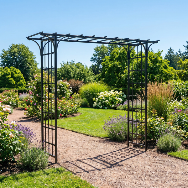 H Potter black garden arch arbor on stone path in a garden