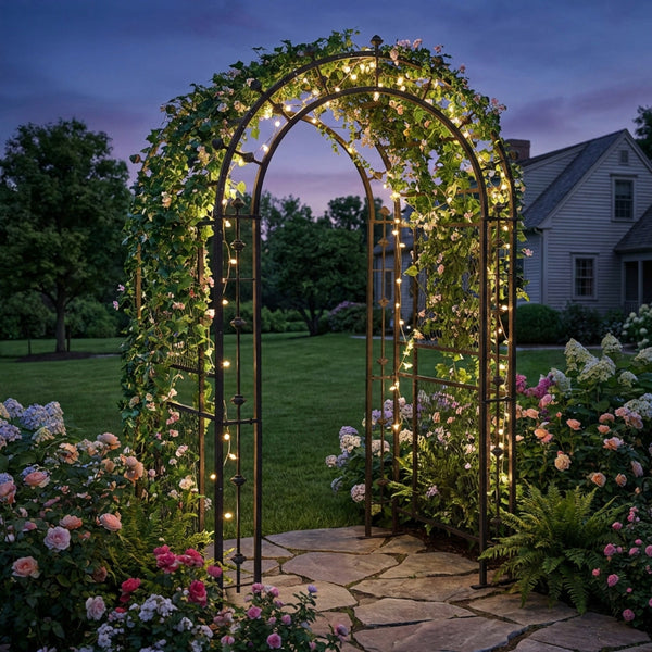 h potter arbor with lights on stone path in rose garden