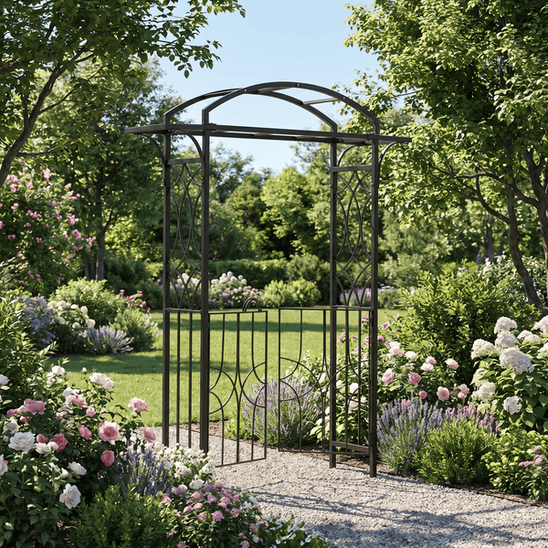 h potter garden arch arbor on stone path with roses