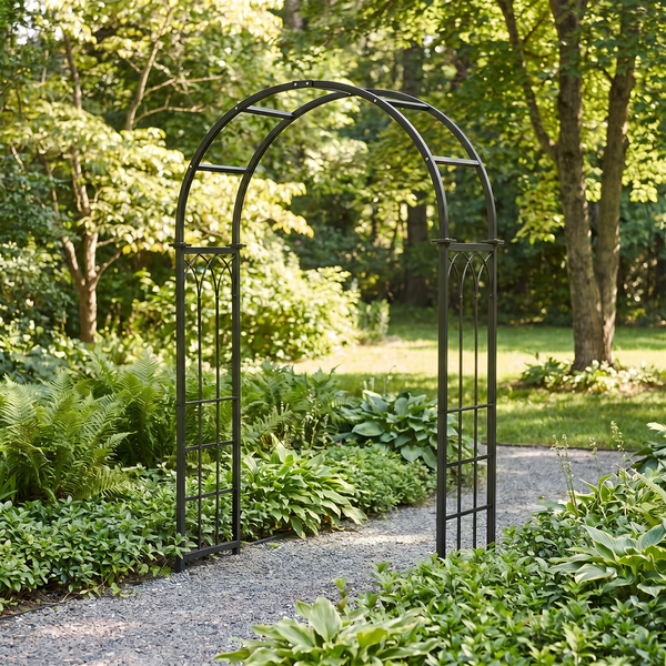 H Potter arch arbor in garden on stone path