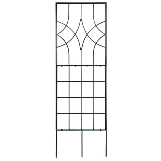 Front studio view of H Potter geometric trellis with ground spikes, black powder-coated iron, yard art