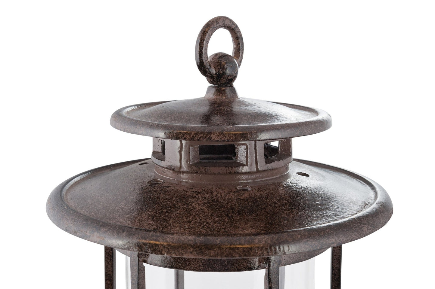 H Potter large hurricane candle lantern top detail — vented cap and handle for indoor outdoor use