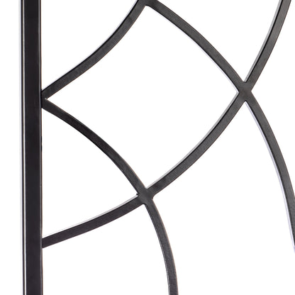 Close-up of intersecting geometric curves and welded joints on H Potter trellis, smooth black finish