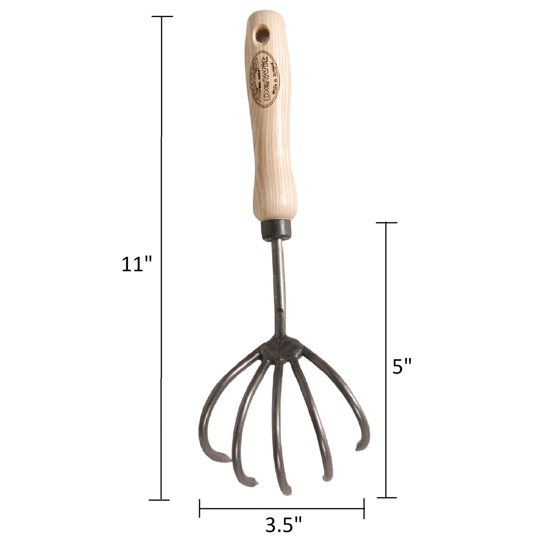 H Potter × DeWit forged 5-tine cultivator on white background with measurements showing 11-inch length and 3.5-inch width