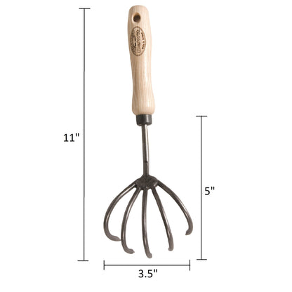 H Potter × DeWit forged 5-tine cultivator on white background with measurements showing 11-inch length and 3.5-inch width