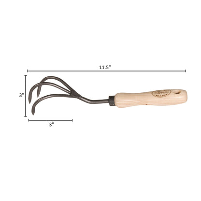 3-tine cultivator dimensions, 11.5 inch length and 3 inch width, H Potter × DeWit