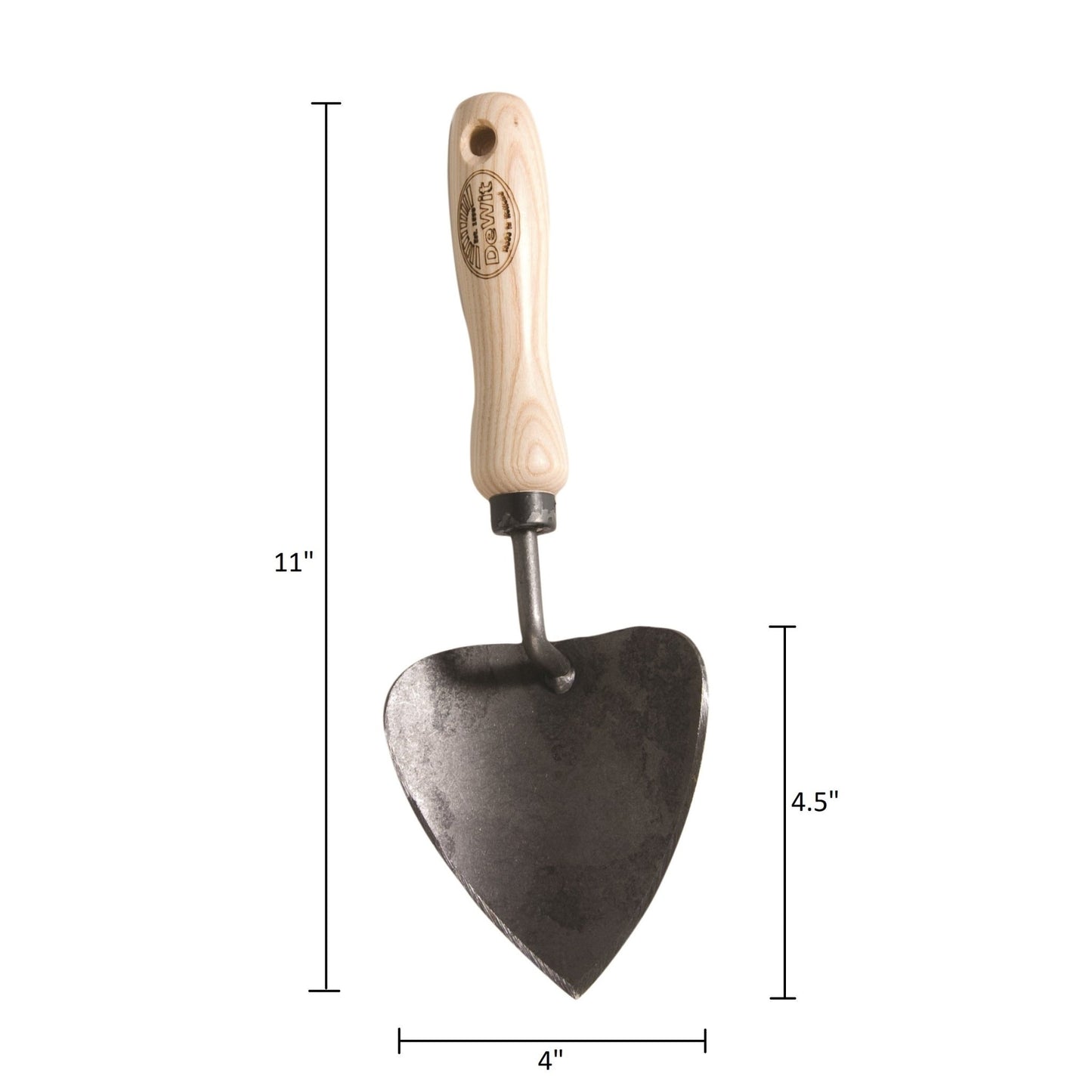 metal potting trowel on a white background with measurements 