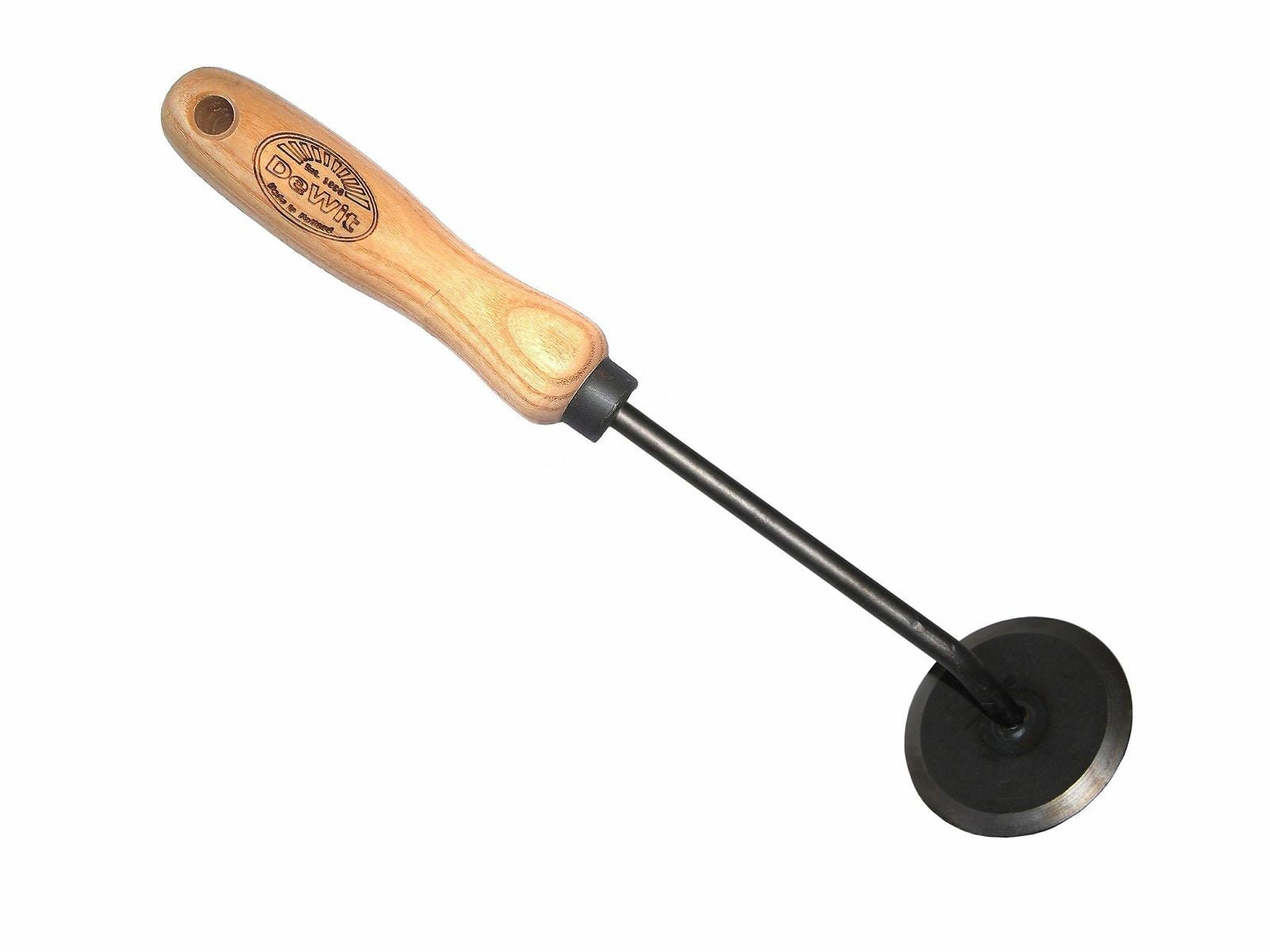metal weed cutter gardening tool with wooden handle on a white background