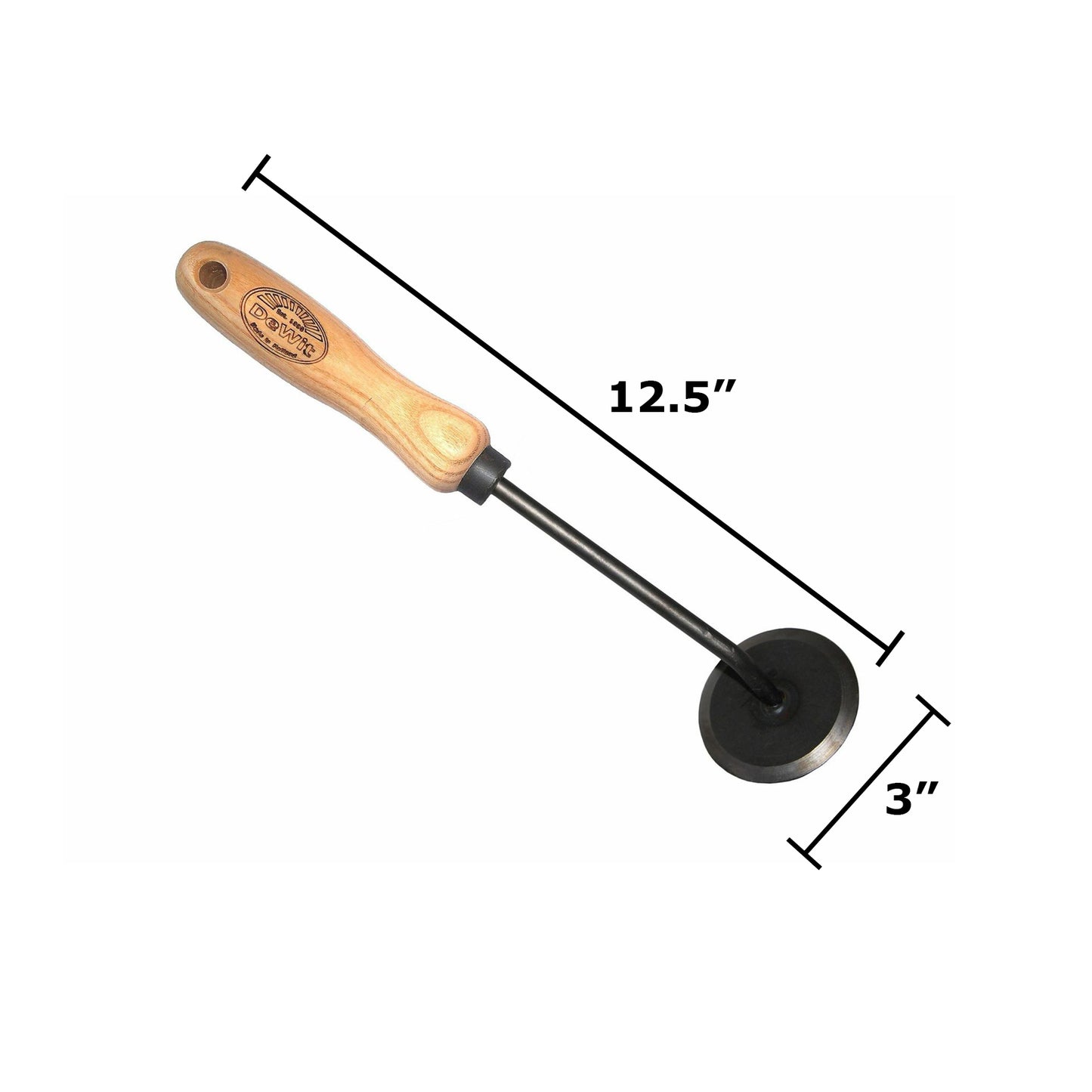wooden handled garden tool metal weed cutter with measurements on a white background