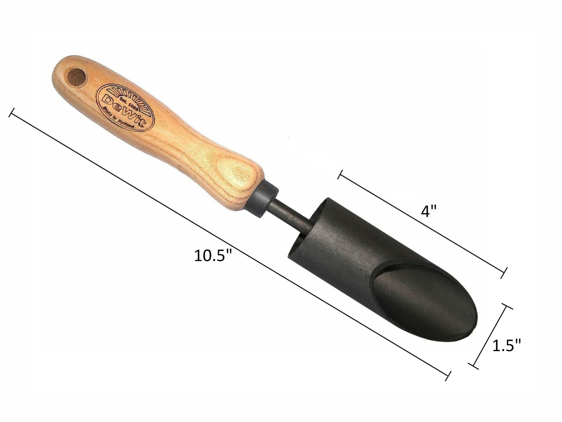 H Potter × DeWit forged steel bulb planter tool with European ash handle and size measurements for uniform planting holes