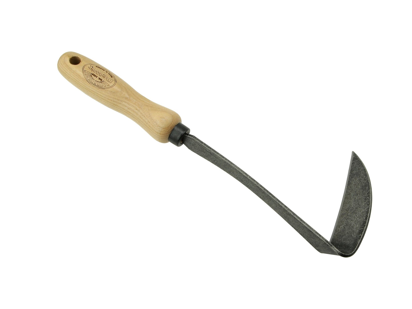 metal gardening tool japanese hand hoe with wooden handle on a white background