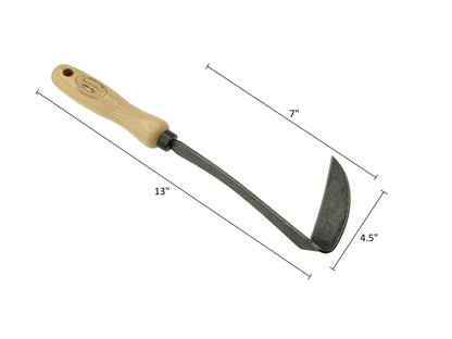 metal japanese hand hoe gardening tool with wooden handle on a white back ground with measurements