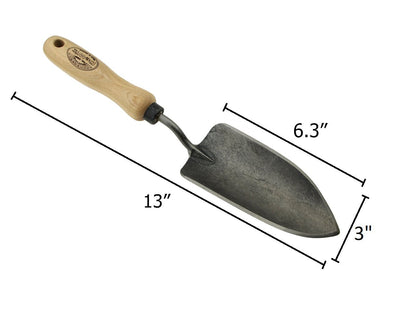 H Potter × DeWit forged steel garden trowel with European ash handle and measurement guide for precision bulb planting