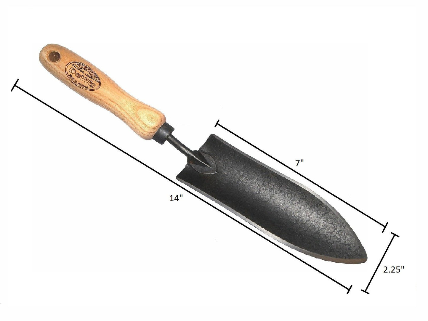 long gardening trowel for transplanting on a white background with measurements