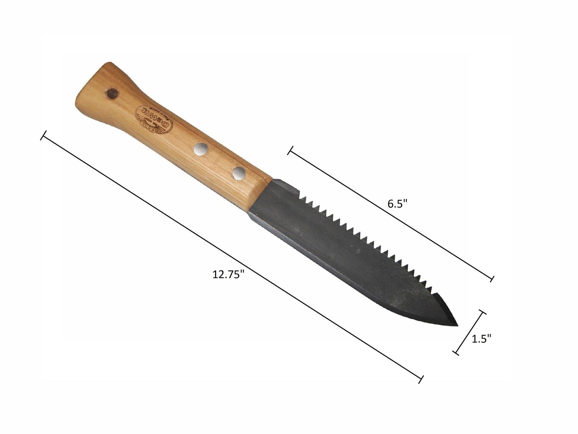 garden knife, metal farmers dagger with wooden handle on a white background with measurements