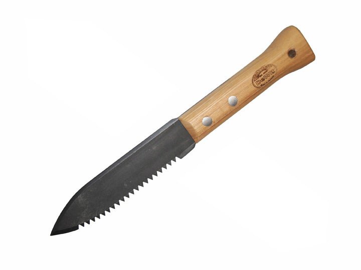 serrated farmers dagger, metal garden knife with wooden handle on a white back ground