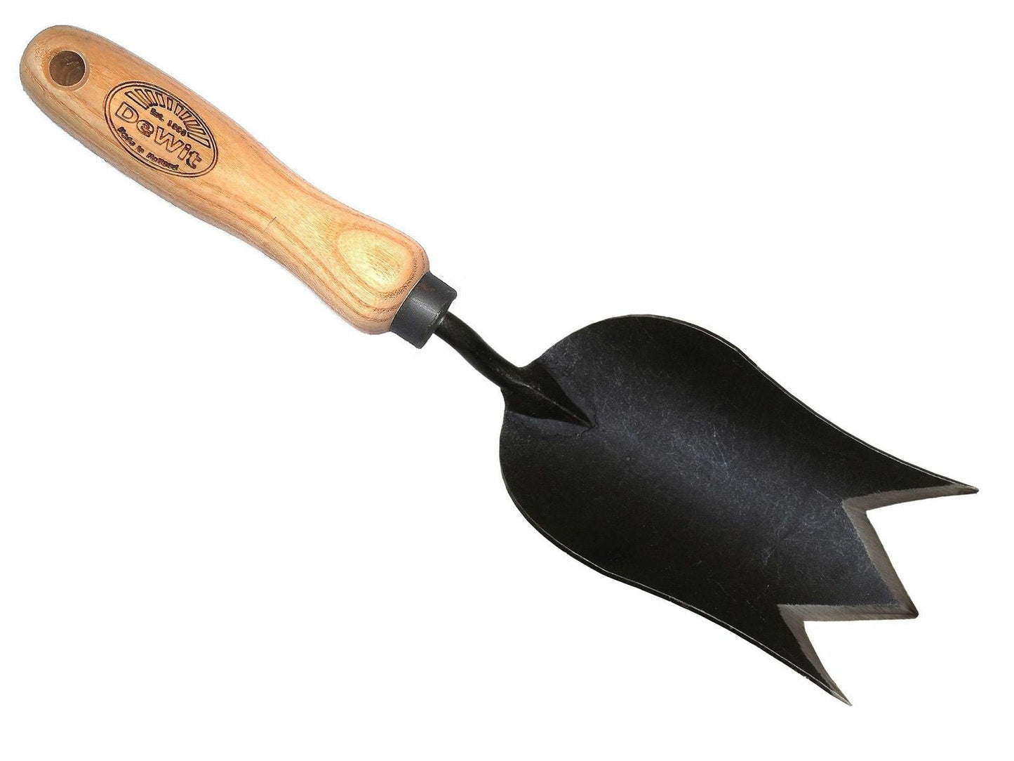 metal tulip shaped gardening trowel with wooden handle on a white background