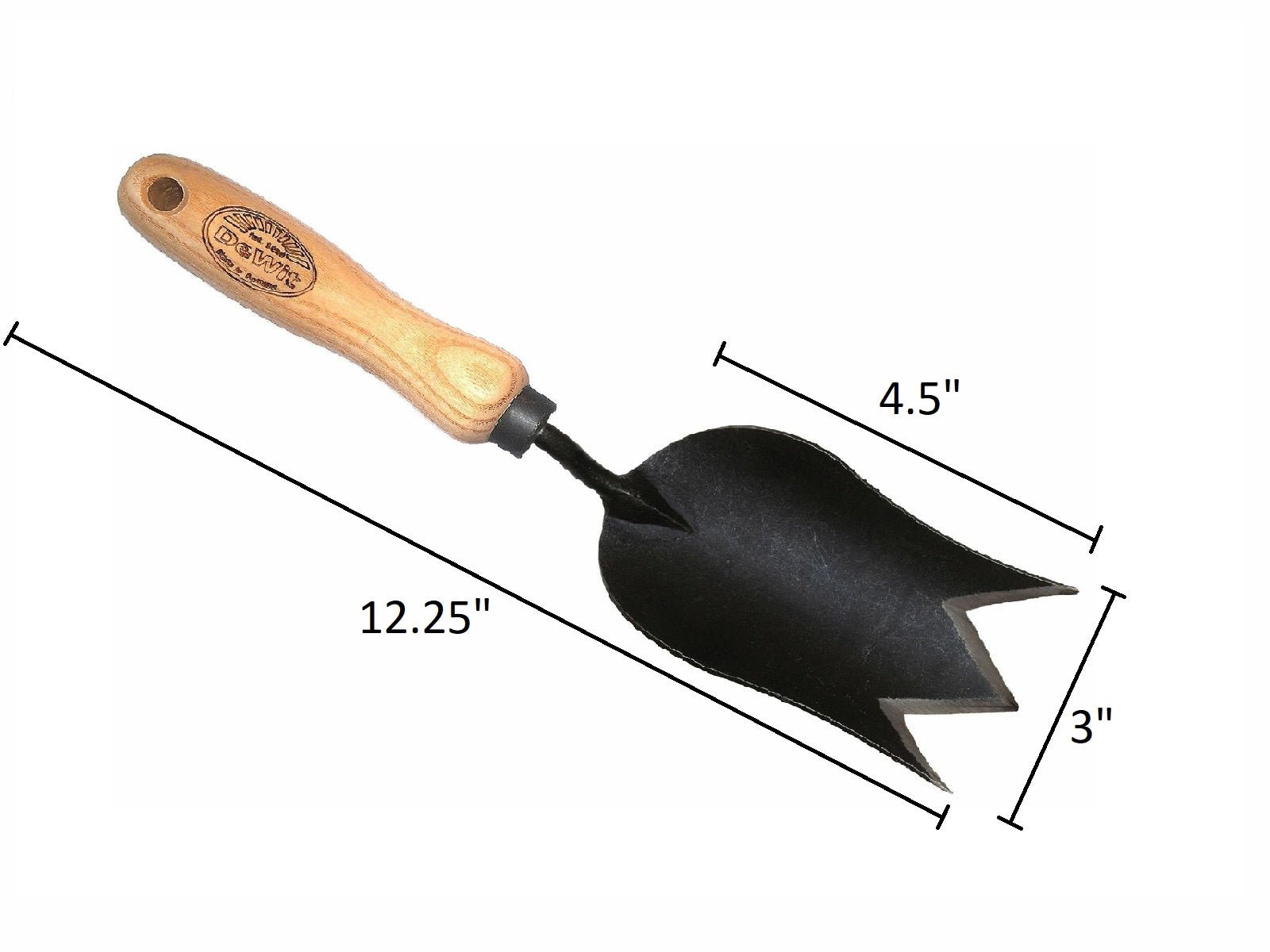 gardening tool metal tulip shaped trowel with a wooden handle on a white background with measurements