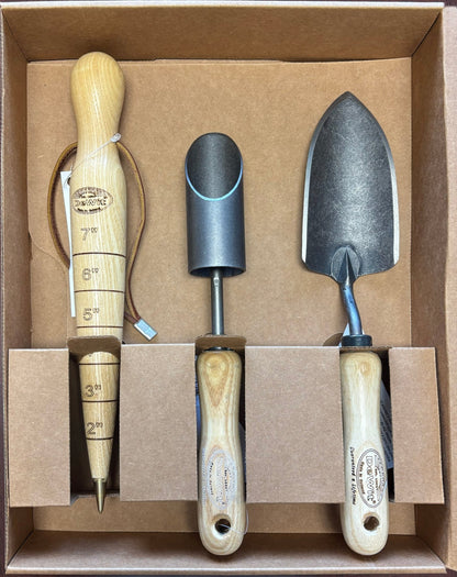H Potter × DeWit 3-piece bulb planting tool gift set in presentation box featuring forged steel trowel, bulb planter, and hardwood dibber
