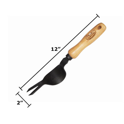 metal weed popper gardening tool with wooden handle on a white background with measurements 