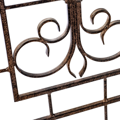 Close-up of iron scrollwork and textured powder-coat finish on H Potter metal trellis