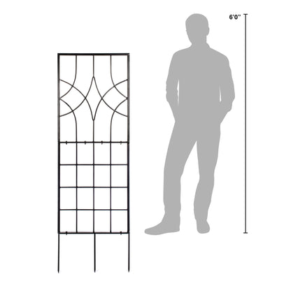 H Potter geometric trellis shown beside 6-ft silhouette for scale, freestanding with spikes, backyard decor