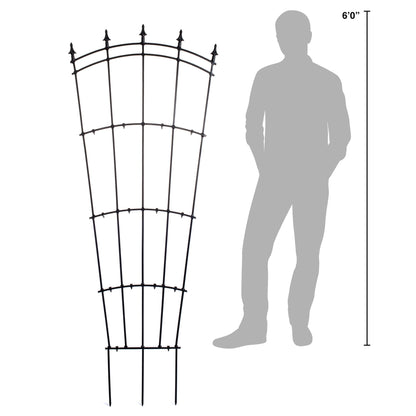H Potter metal fan trellis shown beside 6-ft silhouette for scale, backyard landscape structure