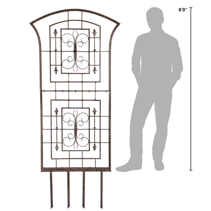 Front studio view of H Potter metal trellis with ground spikes, 40″W × 72″H and gray man
