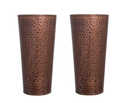 Set of 2 vertical stainless planters imagine flanking porch; backyard landscape focal points; low upkeep.