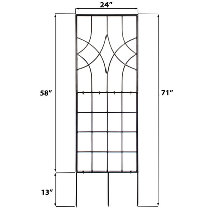 Dimensions diagram for H Potter geometric trellis, 24″W × 58″H plus 13″ ground spikes