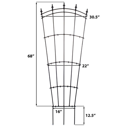 Dimensions diagram for H Potter metal fan trellis, 30.5″W × 68″H plus 12″ ground spikes, measurements labeled