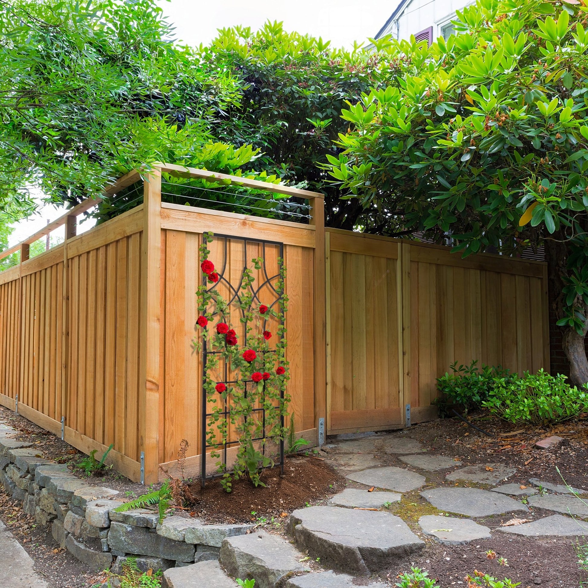 wooden trellis small H Potter Geometric Iron Garden Trellis – Small 58" Tall Black Powder-Coated Finish