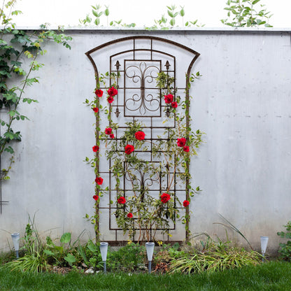 H Potter metal garden trellis, wrought iron scroll and grid design, charcoal-brown powder coat, hero view