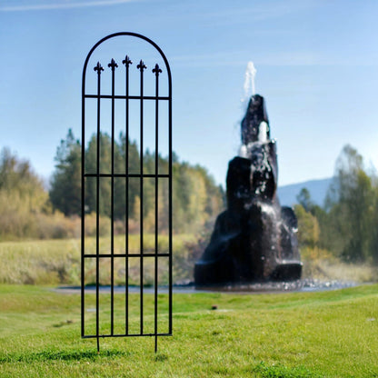 H Potter large wrought iron garden trellis, black powder coat, modern clean design with five finials, hero view, landscape