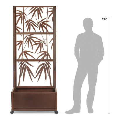 H Potter trellis planter, mahogany finish, front view with scale figure — privacy screen size shown for balcony/yard