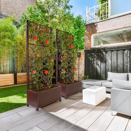 H Potter trellis planters, two in black finish poolside — stylish privacy for backyard gatherings, USA