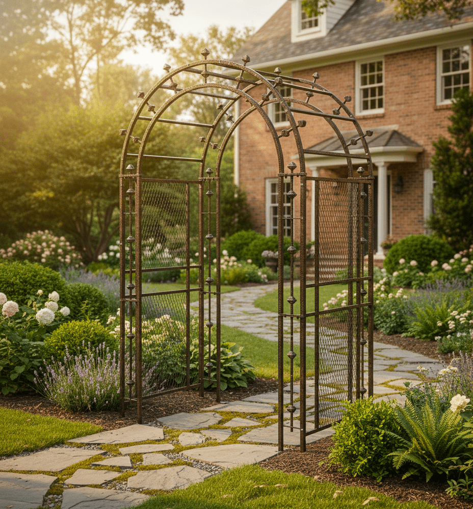 Metal garden archway in a well-maintained garden with a house in the background