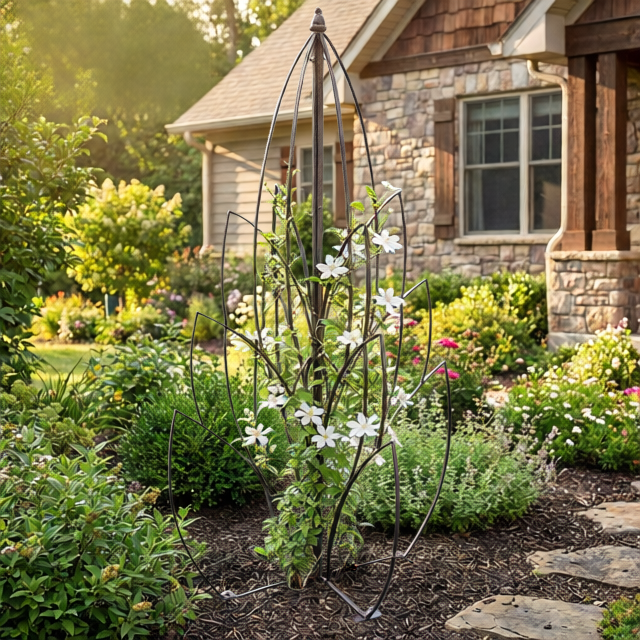 Garden trellis with white flowers in a well-maintained garden setting.