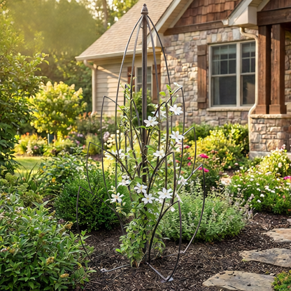 Garden trellis with white flowers in a well-maintained garden setting.