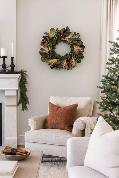 Christmas wreath with berries and wheat in a living room 