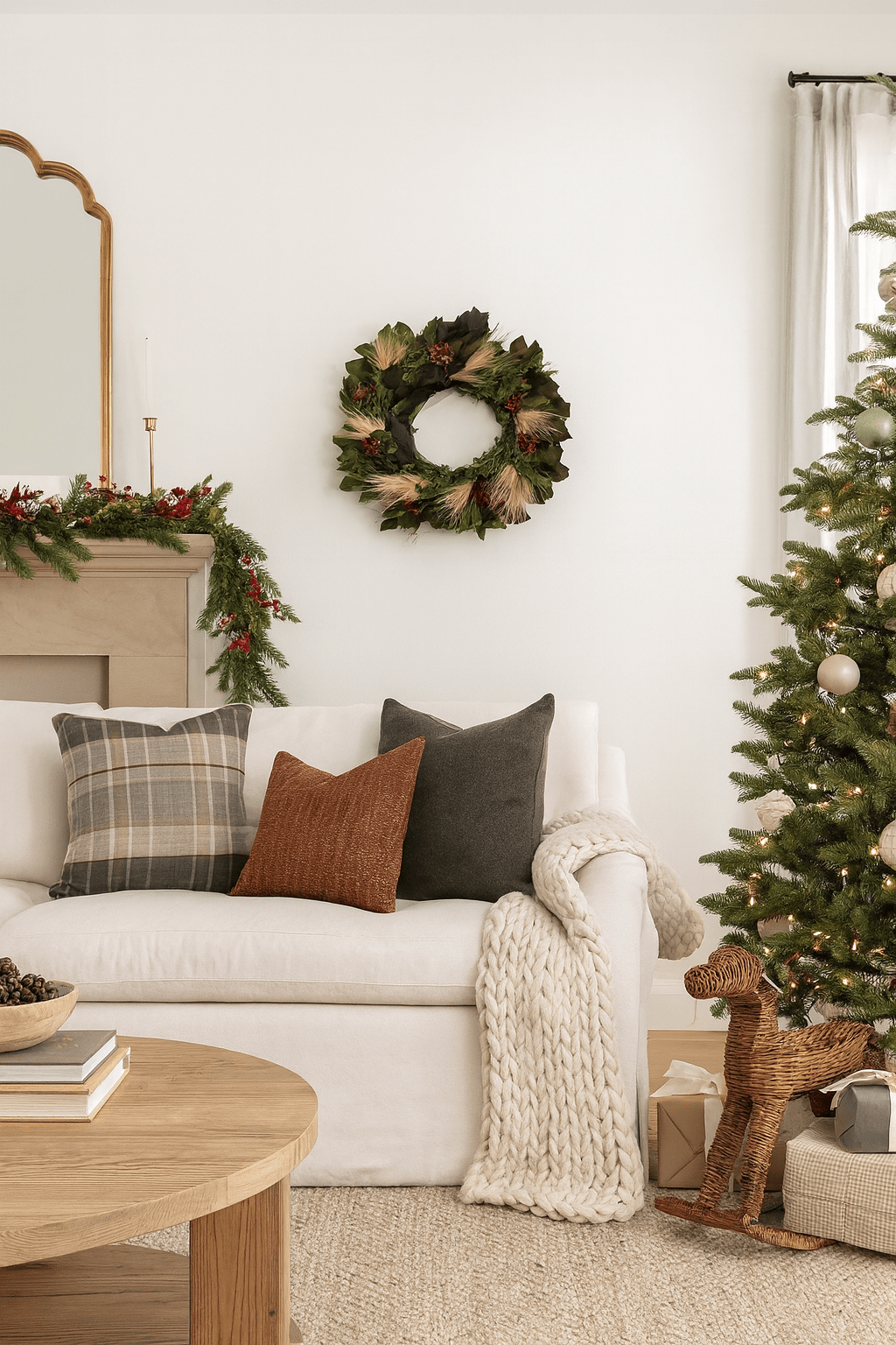 Cozy living room with Christmas decorations including a wreath, tree, and festive pillows.