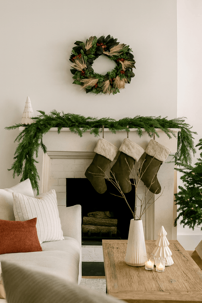 Living room with Christmas decorations including a wreath, stockings, and candles.